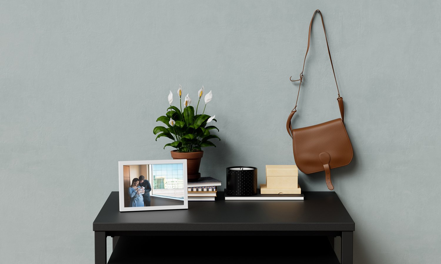 Framed 5x7 family photo on an entryway table