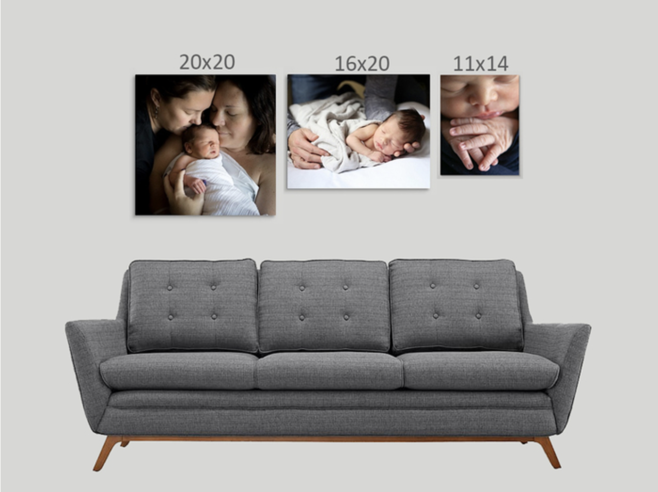 Bella Baby canvas cluster in side order - 20x20, 16x20, 11x14