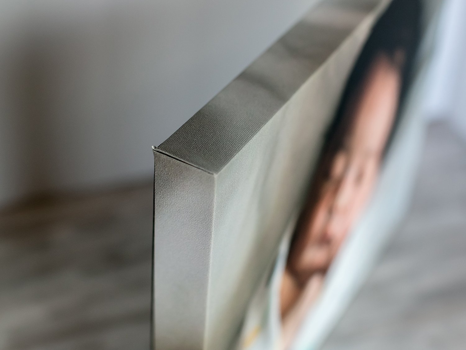 Gallery wrapped canvas three-quarter view showing the canvas border from the upper left corner