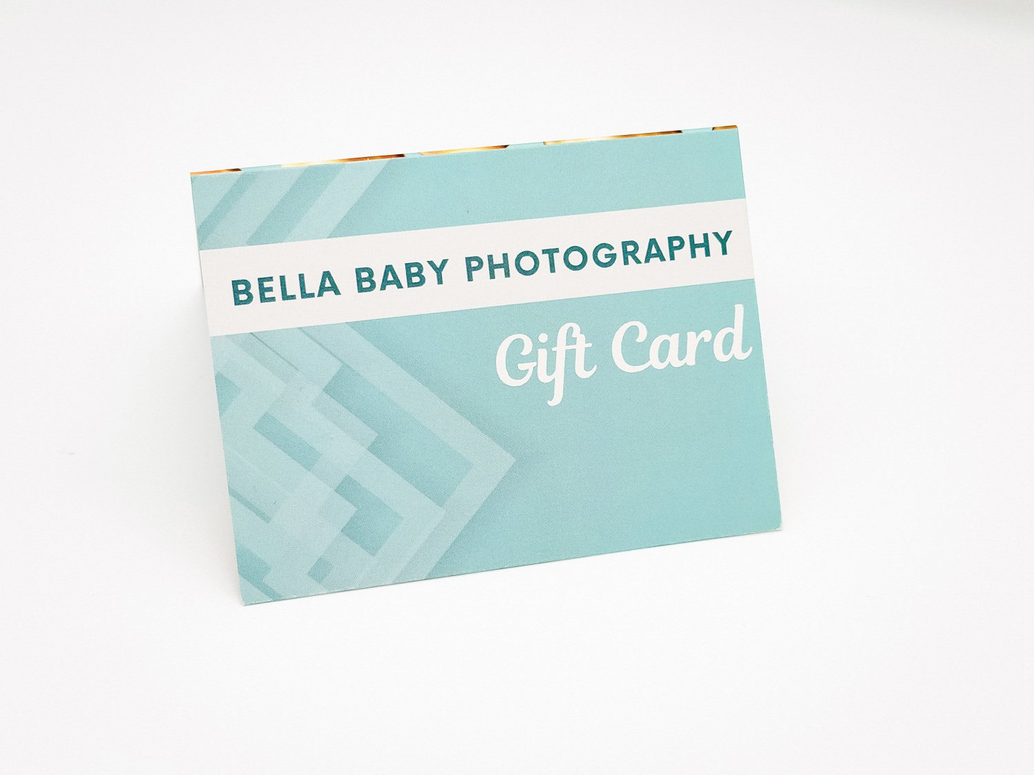 Front view of a Bella Baby Photography gift card holder
