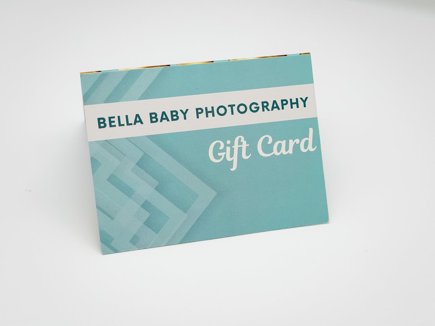 Front view of a Bella Baby Photography gift card holder