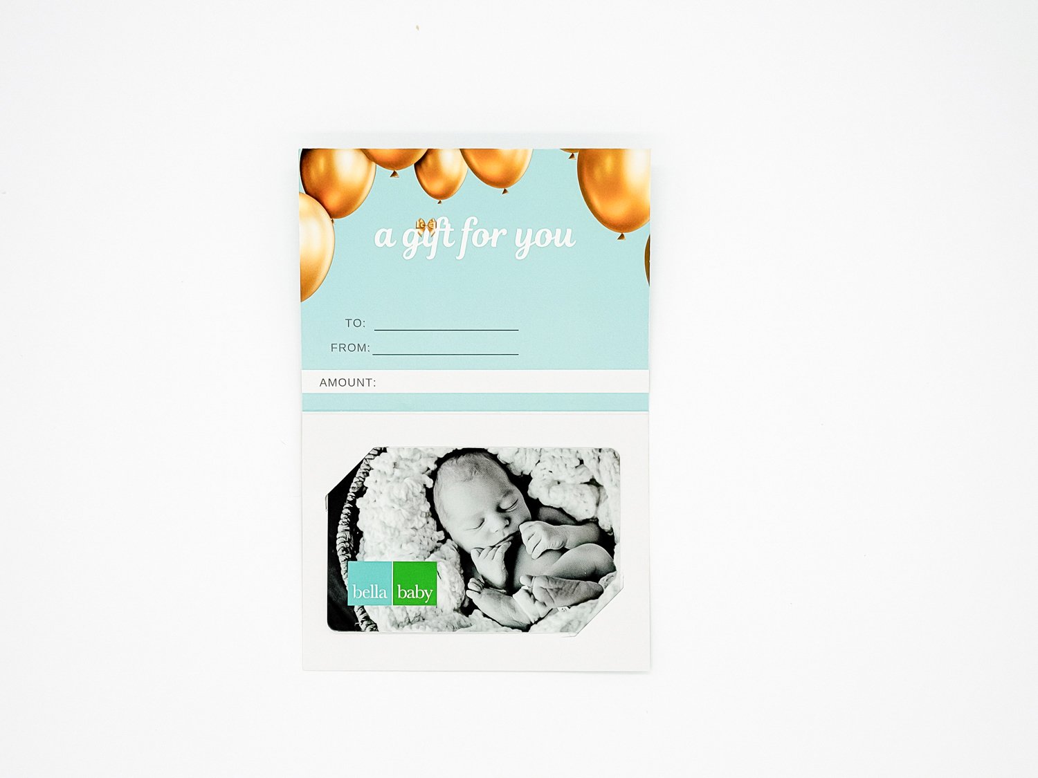 Inside of a Bella Baby gift card holder showing the gift card and sender message.