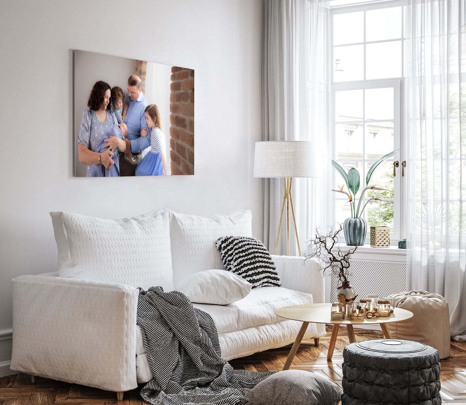 Gallery wrapped canvas above a couch in a living room
