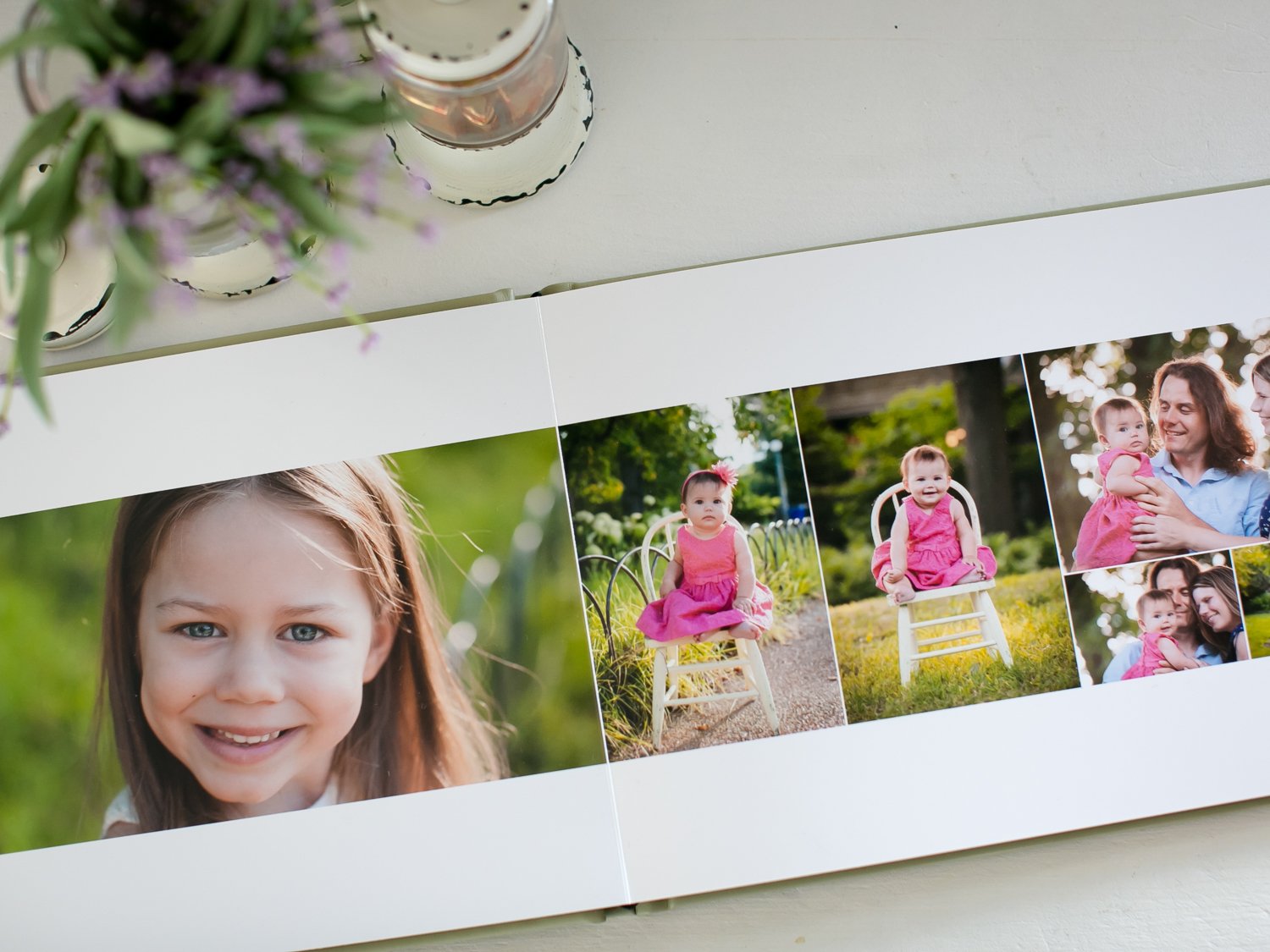 Open photo album showing images of a family