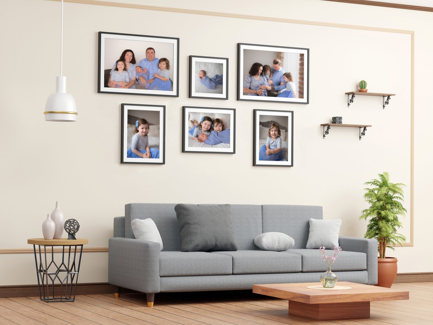 Six framed family photos arranged in a living room gallery wall, demonstrating a variety of poses.